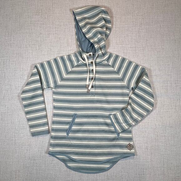 Eddie Bauer Striped Henley Hoodie Fleece Pullover Blue and White/Cream Women's S - Picture 1 of 8
